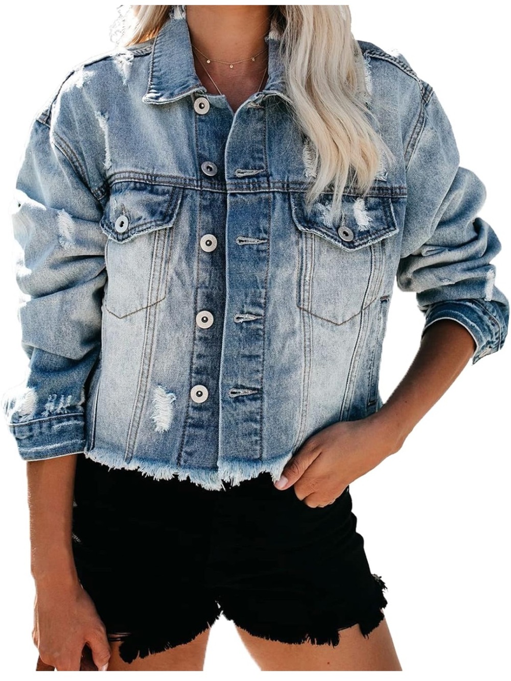 Light Wash Distressed Cropped Denim Jacket - Women - Picture 4 of 5